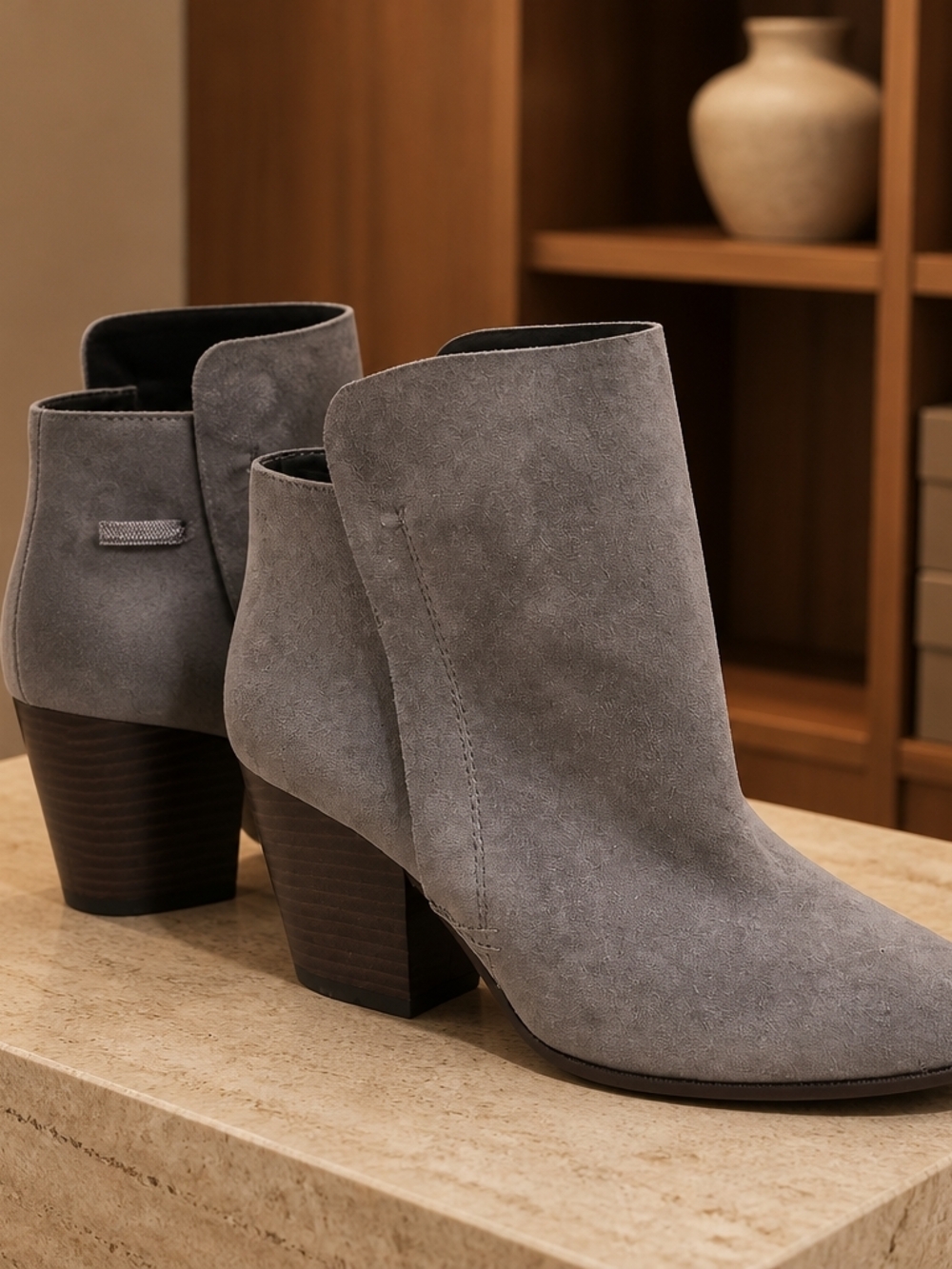 Modern Grey Suede Ankle Booties with Stacked Heel